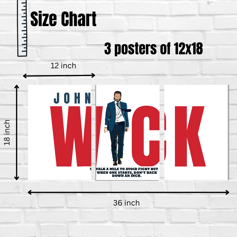 John Wick 3-Piece Split Poster | Action Hero Wall Art with Famous Quote