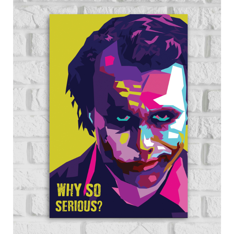 Poster of the Joker in a colorful pop-art style, featuring sharp geometric shapes in shades of purple, yellow, pink, blue, and white. The Joker has a sinister grin and glowing green eyes, set against a yellow background. At the bottom left, the iconic phrase 'WHY SO SERIOUS?' is written in bold yellow text