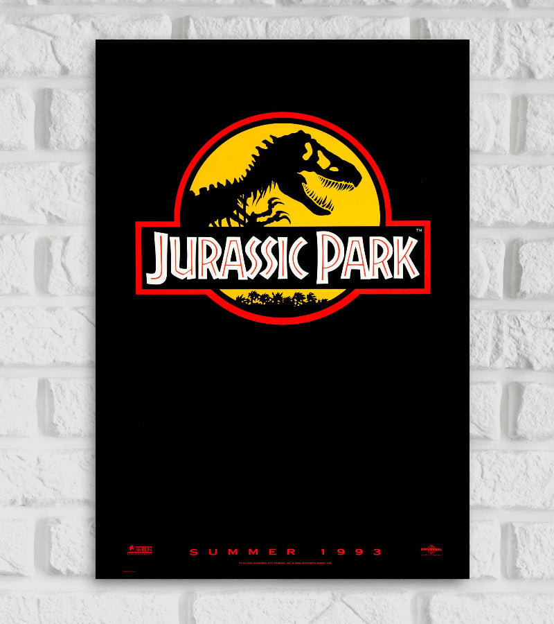 Poster of Jurassic Park featuring the iconic black, red, and yellow logo with a skeletal Tyrannosaurus rex inside a circle above the title "JURASSIC PARK" in bold, stylized letters. The background is solid black, and at the bottom, red text reads “SUMMER 1993.” The design is minimalistic yet striking, representing the classic sci-fi adventure film directed by Steven Spielberg Hollywood Action Darama Actor Actress