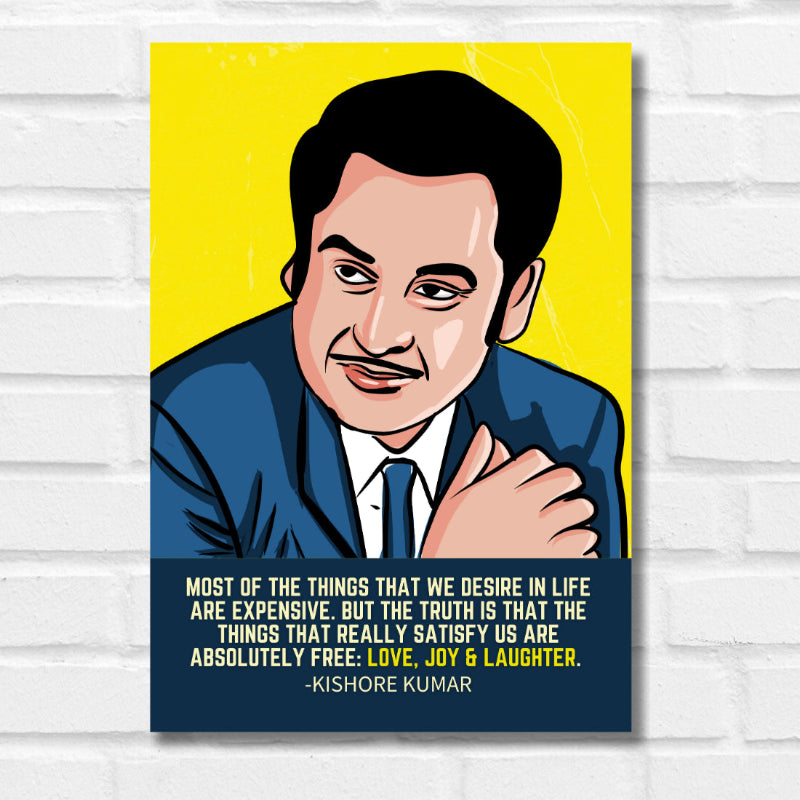 Kishor Kumar Indian Playback Singer and Musician Blue & yellow Color Television Actor Music Artist Pop Culture Motivational Quote Matte Finish Beautiful Wall Decor Music Artist Pop Art Framed Poster