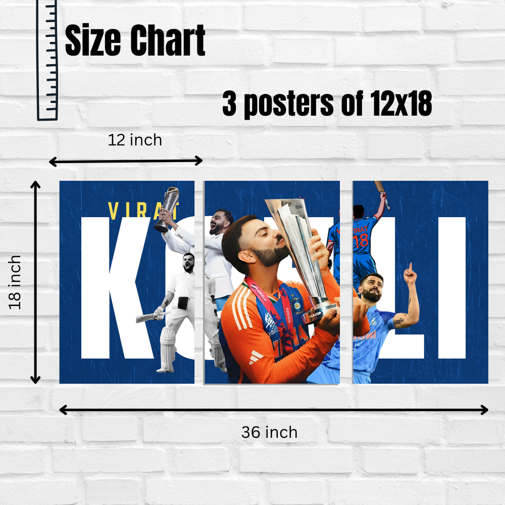 Virat Kohli Cricket Poster – 3 Split Poster Wall Art – World Cup Champion Tribute