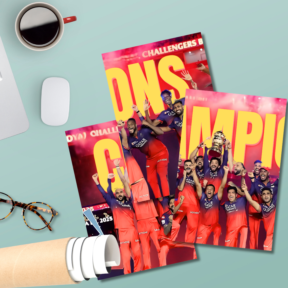 RCB IPL 2025 Champions Poster – 3 Panel Split Wall Art – Royal Challengers Bangalore Trophy Celebration