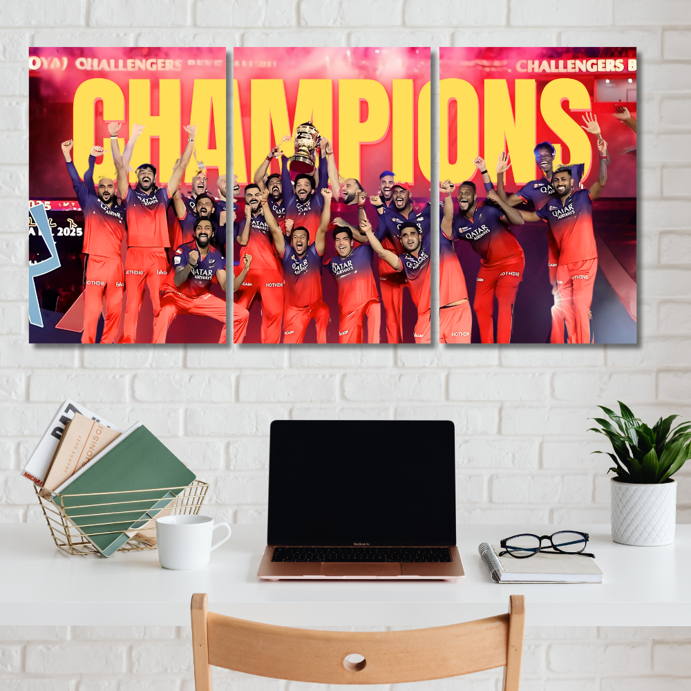 RCB IPL 2025 Champions Poster – 3 Panel Split Wall Art – Royal Challengers Bangalore Trophy Celebration