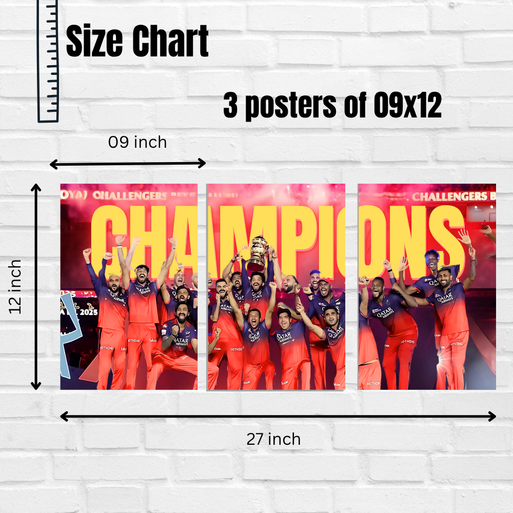RCB IPL 2025 Champions Poster – 3 Panel Split Wall Art – Royal Challengers Bangalore Trophy Celebration