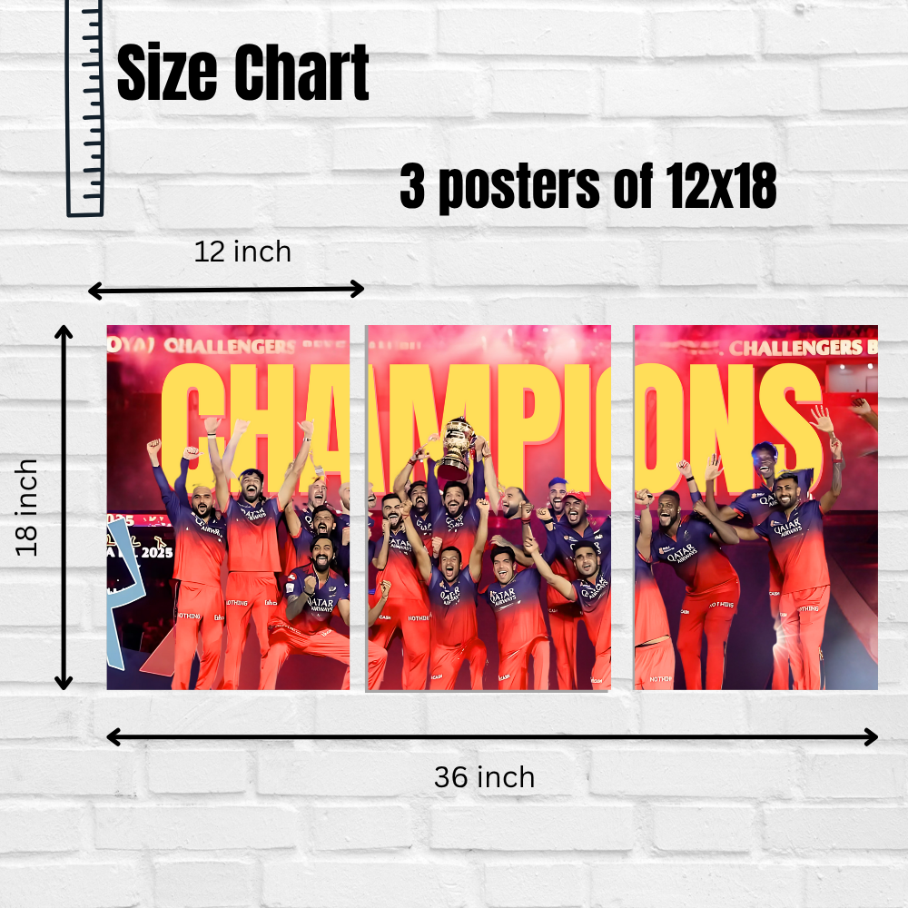 RCB IPL 2025 Champions Poster – 3 Panel Split Wall Art – Royal Challengers Bangalore Trophy Celebration