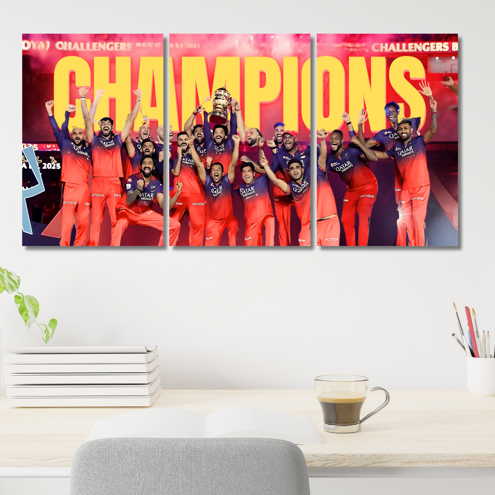 RCB IPL 2025 Champions Poster – 3 Panel Split Wall Art – Royal Challengers Bangalore Trophy Celebration