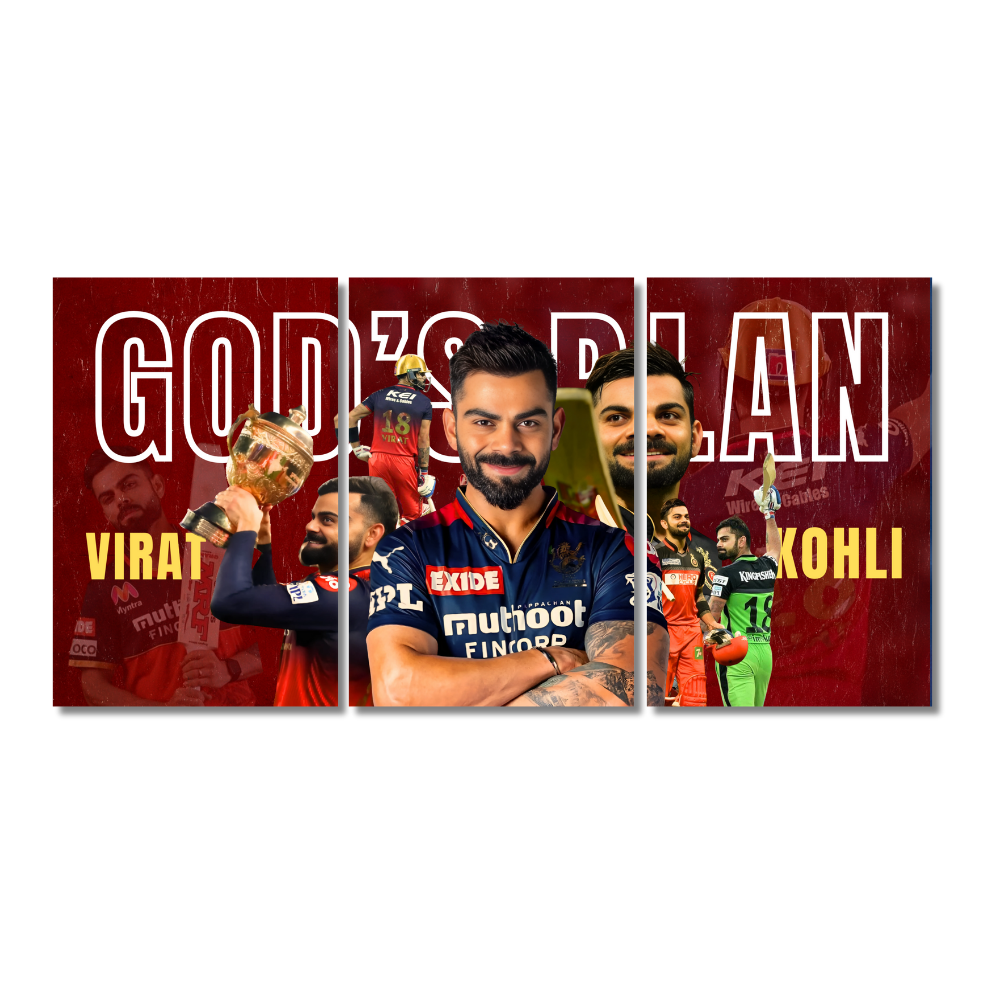 Virat Kohli "God’s Plan" Poster –Set of 3 Split Posters – RCB Tribute Frame Celebrating IPL Journey and Trophy Win. Virat Kohli poster, RCB Kohli wall art, God’s Plan Kohli frame, Virat Kohli tribute print, Kohli IPL champions 2025, Kohli celebration poster, RCB cricket art, Indian cricket legend poster, Kohli motivation wall decor, IPL cricket champion print