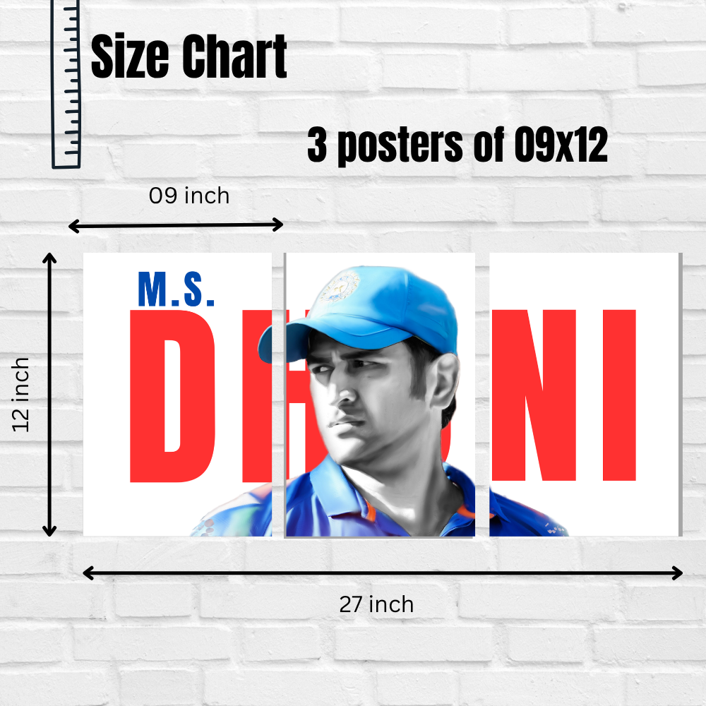 MS Dhoni 3-Piece Split Poster | Indian Cricket Legend Wall Art