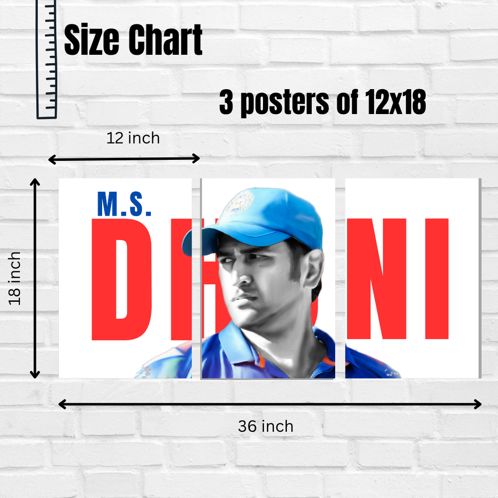 MS Dhoni 3-Piece Split Poster | Indian Cricket Legend Wall Art