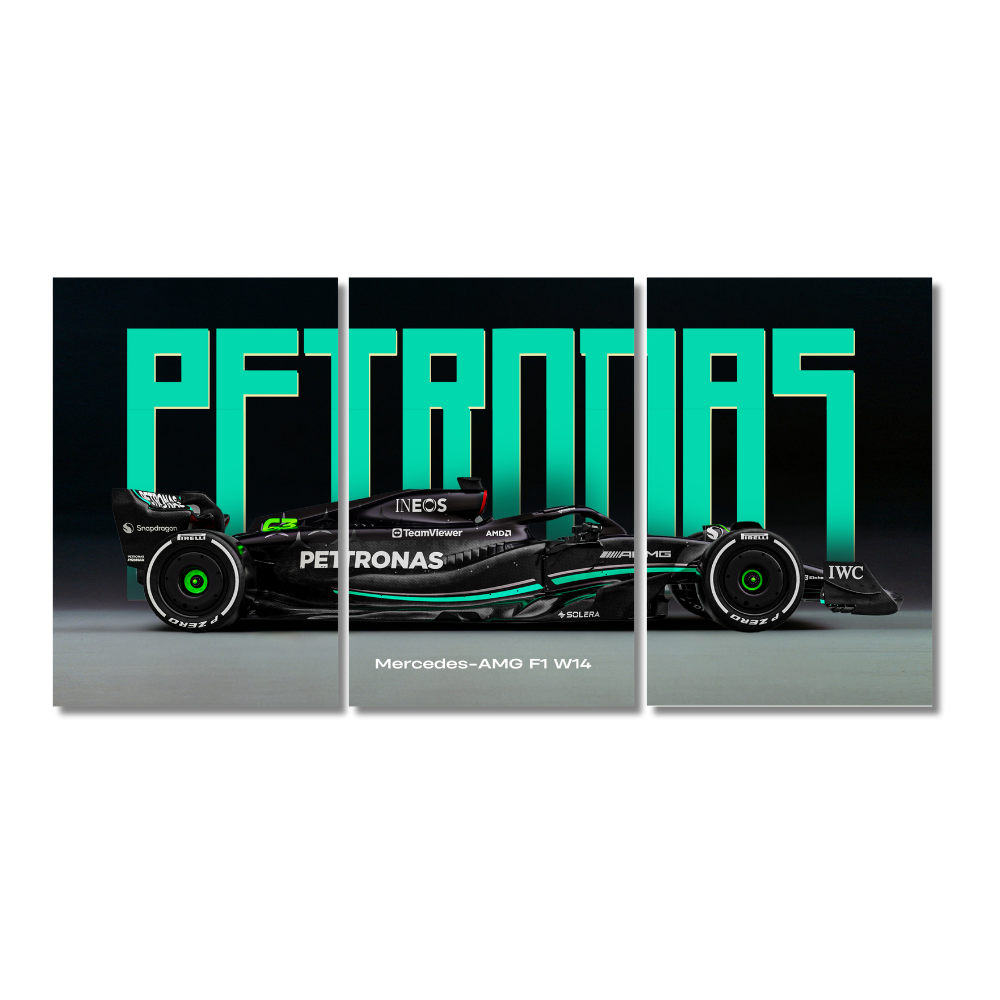 Mercedes-AMG F1 W14 Poster – Set of 3 Split Poster – 2023 Petronas Formula 1 Car with Black Carbon Fiber Liver, Mercedes F1 W14 poster, Petronas Formula 1 car wall art, Lewis Hamilton 2023 F1 car, George Russell W14 frame, black Mercedes F1 print, AMG F1 split panel decor, 2023 Mercedes Petronas artwork, Mercedes W14 livery poster, Mercedes F1 racing wall decor, carbon fiber F1 car print Poster