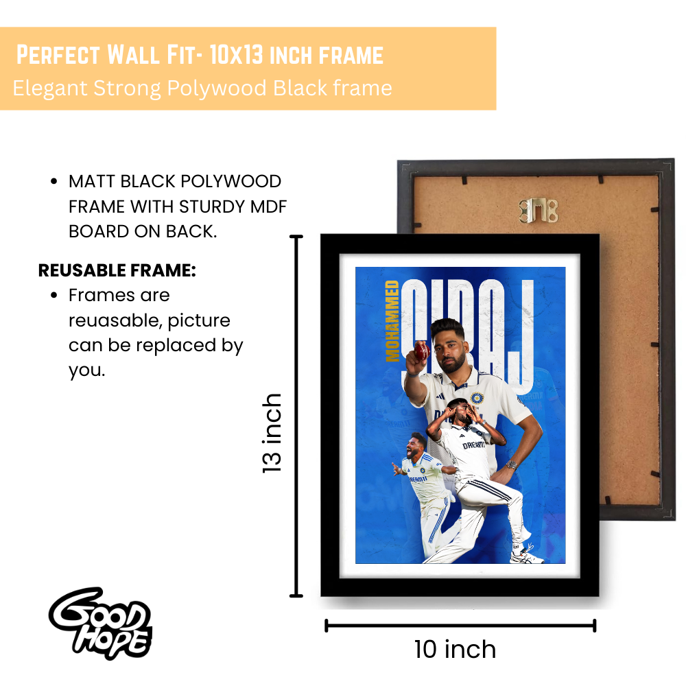 Mohammed Siraj Framed Poster - Siraj Photo Frame, Cricketers Posters for Wall, Cricketers Photo Frame for turf, sports room decoration, Interior decor for man caves, cricket-themed