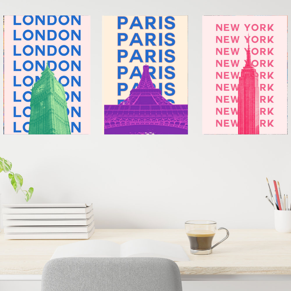 Good Hope Set of 3 Framed POSTER Cityscape Wall Art Inches Bold Typography Posters Featuring Landmarks of London, Paris & New York for Home Decoration