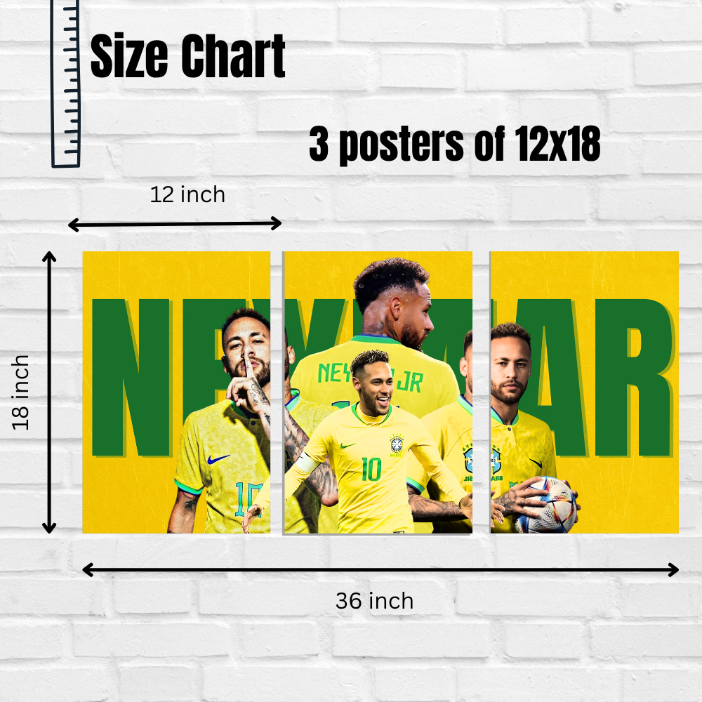 Neymar Jr Brazil Football Poster – Set of 3 Split Poster Wall Art – Tribute Poster