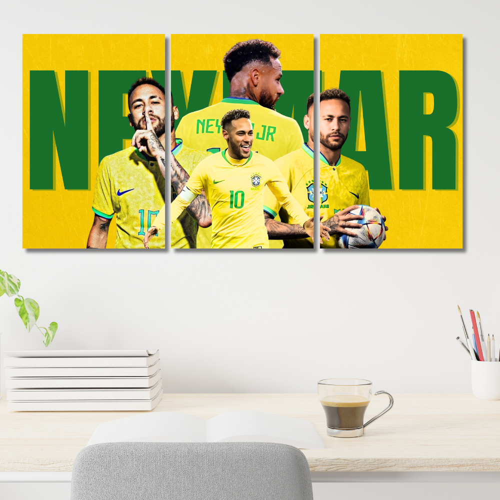 Neymar Jr Brazil Football Poster – Set of 3 Split Poster Wall Art – Tribute Poster