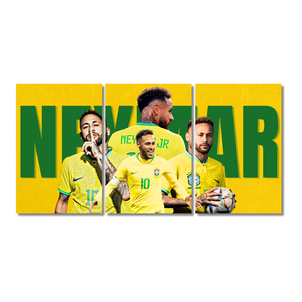 Neymar Jr Brazil Football Poster – 3 Panel Split Wall Art – Tribute Frame Featuring Iconic Moments in Yellow Jersey, Neymar Jr poster, Brazil football wall art, Neymar Brazil jersey print, Neymar 3-panel frame, Neymar soccer tribute artwork, Brazil team football decor, Neymar Jr 10 artwork, Neymar World Cup poster, football legend Neymar print, Neymar yellow jersey photo Poster
