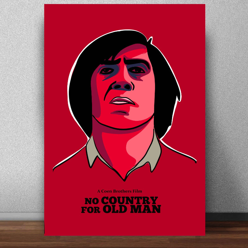 Minimalist poster for the Hollywood Actor directed by the Coen Brothers. The artwork features a stylized, high-contrast illustration of Anton Chigurh, the film's antagonist, with a stern and intense expression. The character is depicted in shades of red pink black against a solid deep red background Below the portrait the text reads A Coen Brothers Film” and the title “NO COUNTRY FOR OLD MAN” in bold black and red typography The striking color palette ased on Cormac McCarthy