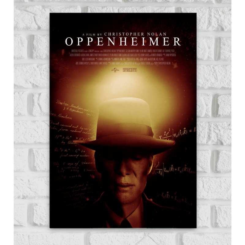 Poster of the movie 'Oppenheimer,' directed by Christopher Nolan, featuring a dramatic silhouette of a man wearing a wide-brimmed hat, with only the lower part of his face illuminated. A glowing burst of light above the hat symbolizes an atomic explosion. Surrounding the figure are handwritten equations and scientific notations. The title 'OPPENHEIMER' appears in large white text at the top, along with the tagline 'A Film by Christopher Nolan Hollywood Movie