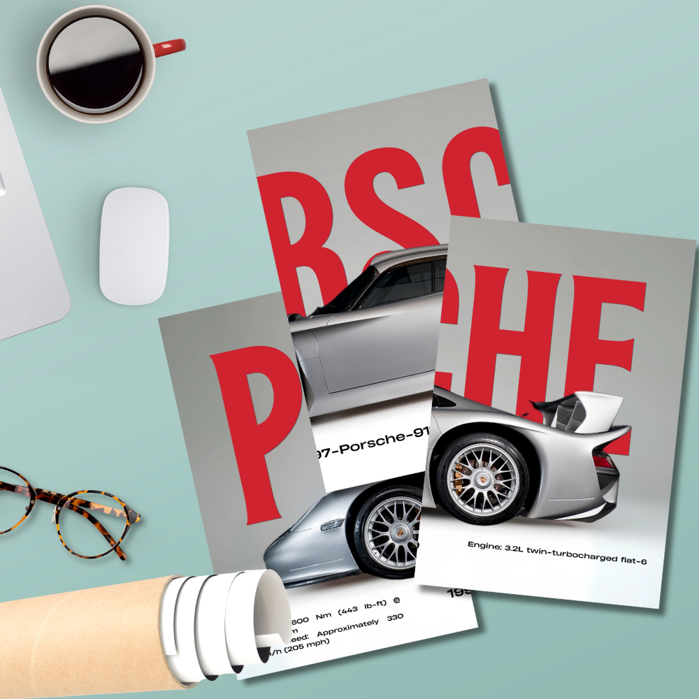 Porsche 911 GT1 1997 Poster – Wall Art Set of 3 Split Poster – Classic Silver Supercar