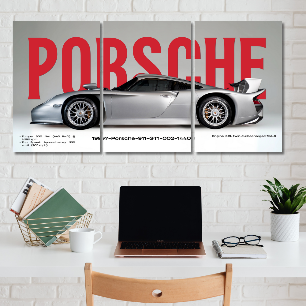 Porsche 911 GT1 1997 Poster – Wall Art Set of 3 Split Poster – Classic Silver Supercar