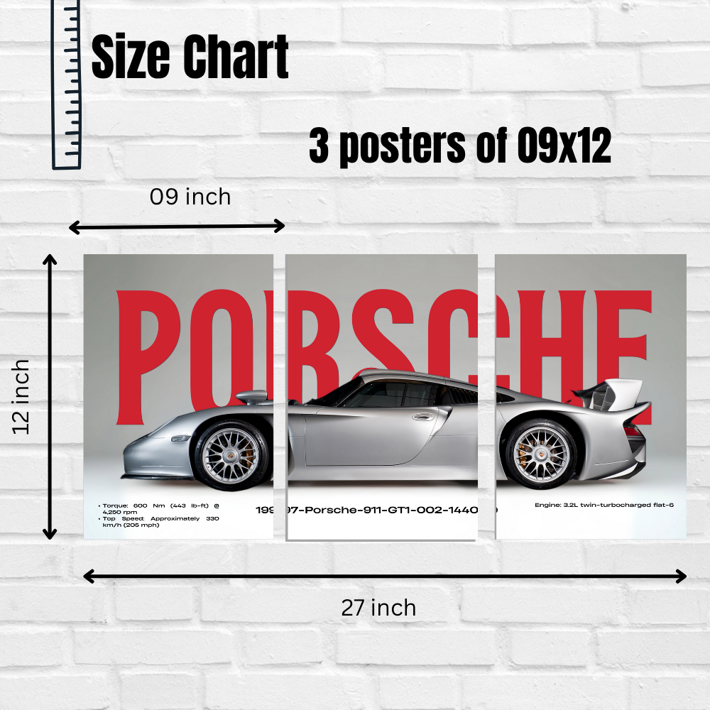 Porsche 911 GT1 1997 Poster – Wall Art Set of 3 Split Poster – Classic Silver Supercar