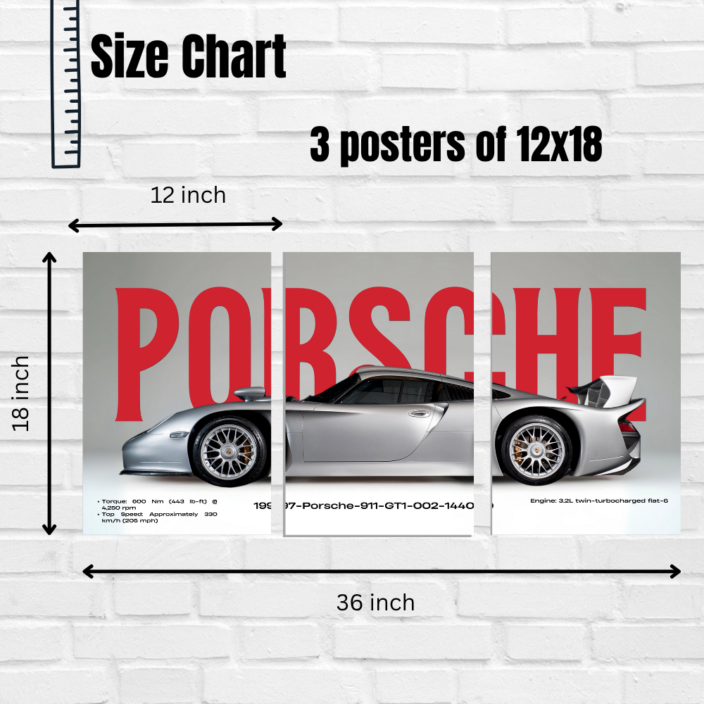Porsche 911 GT1 1997 Poster – Wall Art Set of 3 Split Poster – Classic Silver Supercar