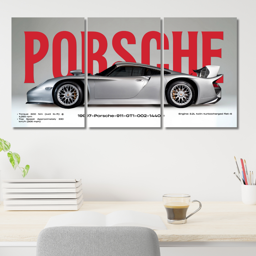 Porsche 911 GT1 1997 Poster – Wall Art Set of 3 Split Poster – Classic Silver Supercar