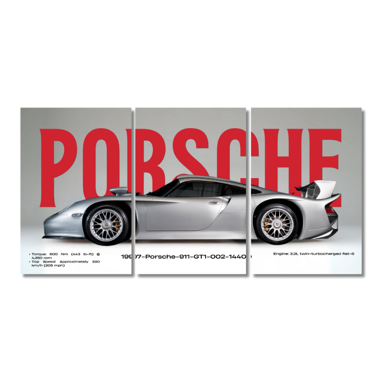 Porsche 911 GT1 1997 Poster – 3 Panel Split Wall Art – Classic Silver Supercar Frame Featuring GT1-002 with Red Porsche Typography, PORSCHE text and technical specifications in background Porsche 911 GT1 poster, Porsche GT1-002 1997 print, classic Porsche wall art, 1997 supercar frame, twin-turbo flat-6 Porsche art, Porsche silver car poster, Porsche race car decor, Porsche 911 collectible print, Porsche GT1 side view art, vintage Porsche split panel Poster