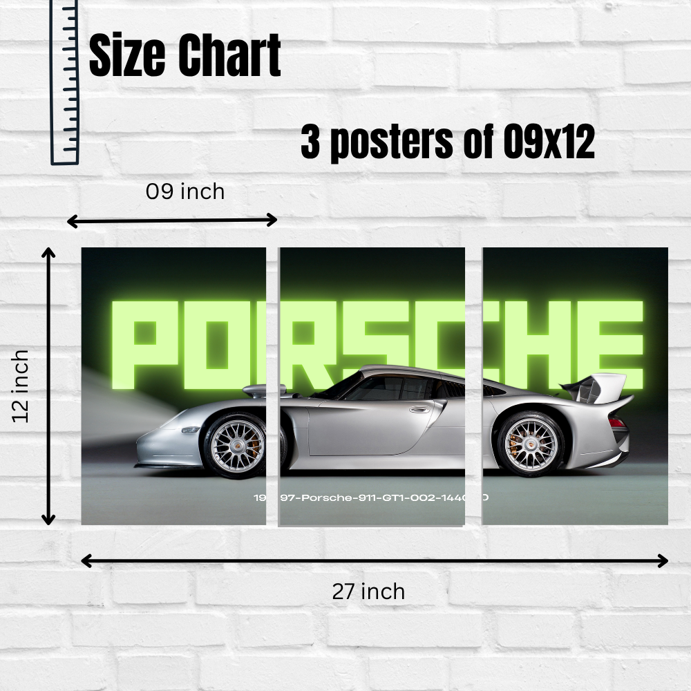 Porsche 911 GT1 1997 Poster – Set of 3 Split Poster – GT1-002 Silver Supercar