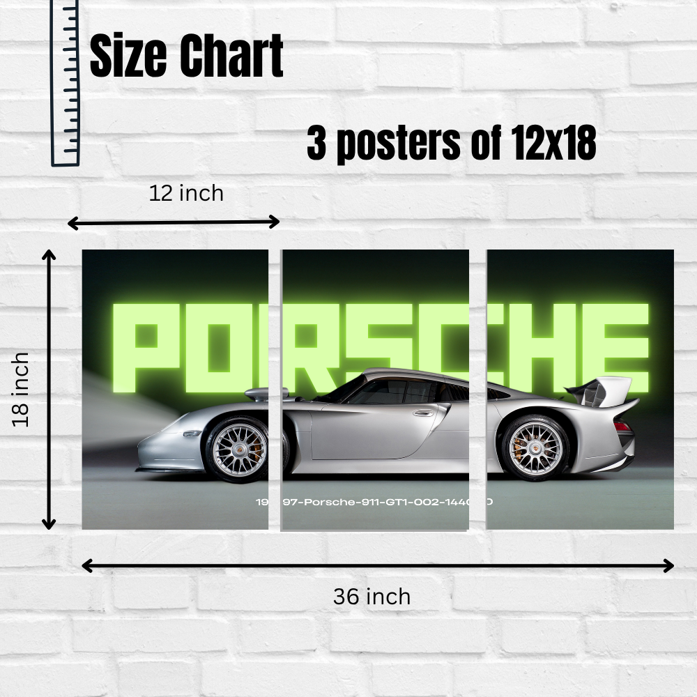 Porsche 911 GT1 1997 Poster – Set of 3 Split Poster – GT1-002 Silver Supercar