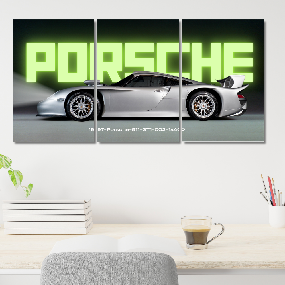 Porsche 911 GT1 1997 Poster – Set of 3 Split Poster – GT1-002 Silver Supercar