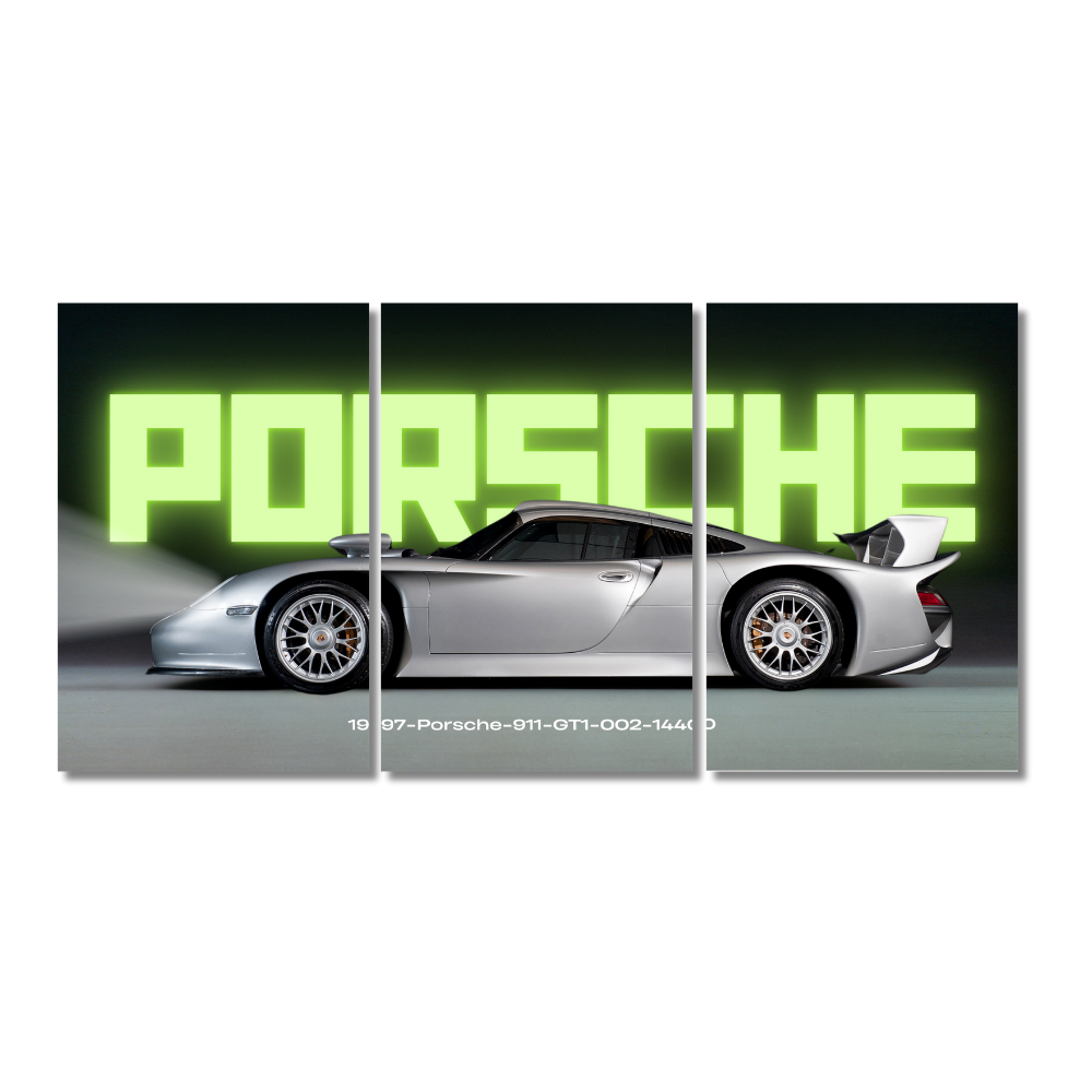 Porsche 911 GT1 1997 Poster – 3 Panel Split Wall Art – GT1-002 Silver Supercar Frame with Neon Green Porsche Typography, Porsche GT1 1997 poster, Porsche 911 GT1-002 wall art, classic Porsche split panel, Porsche neon green print, GT1 Porsche silver car decor, twin-turbo Porsche flat-6 poster, vintage Porsche racing car frame, Le Mans homologation Porsche, rare Porsche wall print, Porsche 911 GT1 photo Poster neon green PORSCHE backdrop