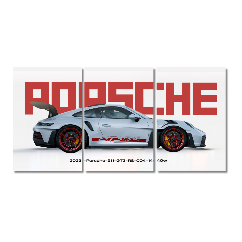 Porsche 911 GT3 RS 2023 Poster Wall Art Set of 3 Split Poster – Track-Ready Sports Car Frame with Red PORSCHE Typography, Porsche GT3 RS poster 2023, Porsche 911 wall art, GT3 RS 3-panel frame, track car wall decor, Porsche RS split panel, white Porsche GT3 RS artwork, red wheels Porsche 911 print, high-performance Porsche art, Porsche rear wing poster, supercar collector wall Poster