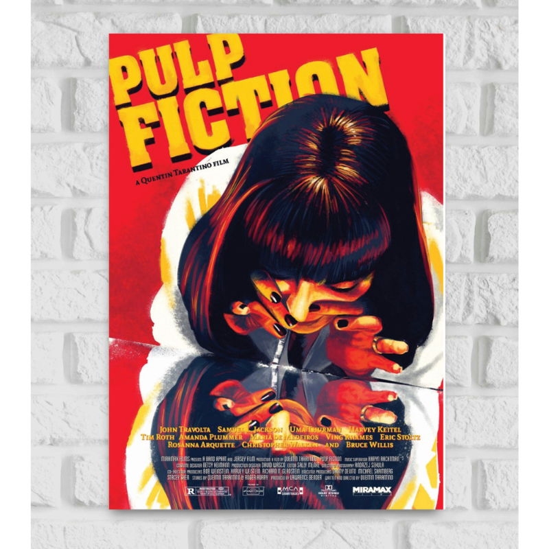 Poster of the movie 'Pulp Fiction' directed by Quentin Tarantino, featuring a stylized, painted image of a woman with dark hair and red-tinted skin, intensely focused as she snorts a substance through a straw. The background is bright red with the title 'PULP FICTION' in large, bold, yellow letters at the top. The bottom of the poster lists the main cast and film credits in small text.
