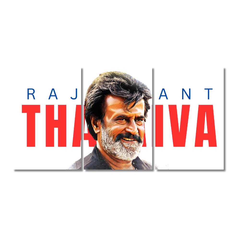 Rajinikanth 3-panel split wall poster featuring the iconic South Indian superstar with bold red “THALAIVA” text on a white background. Rajinikanth poster, Thalaiva wall art, South Indian superstar decor, Kollywood hero poster, Tamil cinema legend art, Rajinikanth painting, Indian movie icon frame, Thalaiva fan gift, Rajinikanth wall Poster Indian film actor known for his unmatched charisma, iconic style, and larger-than-life screen presence