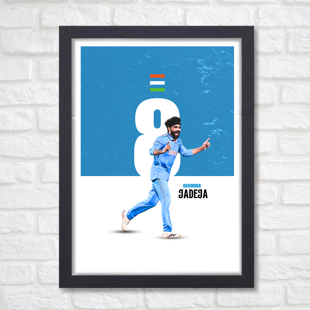 Cricketer Ravindra Jadeja Poster Frame, Cricket Players Photo frame, Cricketers Framed Posters for wall decor, room decor, livingroom, Posters for Boys rooms, hostel Cricket fans