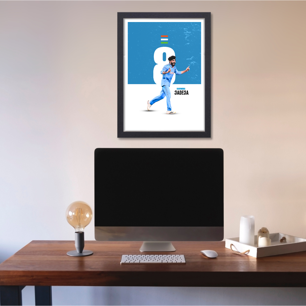 Cricketer Ravindra Jadeja Poster Frame, Cricket Players Photo frame, Cricketers Framed Posters for wall decor, room decor, livingroom, Posters for Boys rooms, hostel Cricket fans