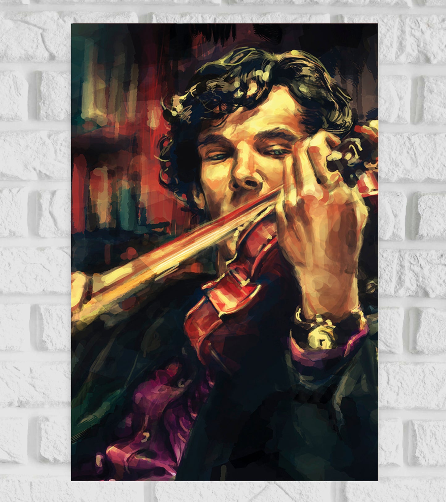 Artistic poster of Sherlock Holmes featuring a painted-style portrait of a man playing the violin, representing the character Sherlock. He has curly dark hair and a focused expression, wearing a dark coat and a purple shirt. The background appears to be a dimly lit room with bookshelves, enhancing the intellectual and mysterious vibe of the scene. The brushstroke effect gives the image a vivid, oil painting-like texture.