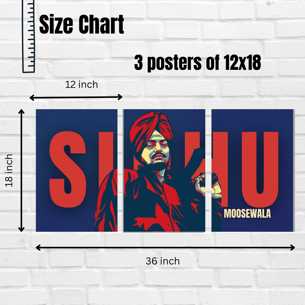 Sidhu Moosewala 3-panel split wall poster featuring pop-art style Poster