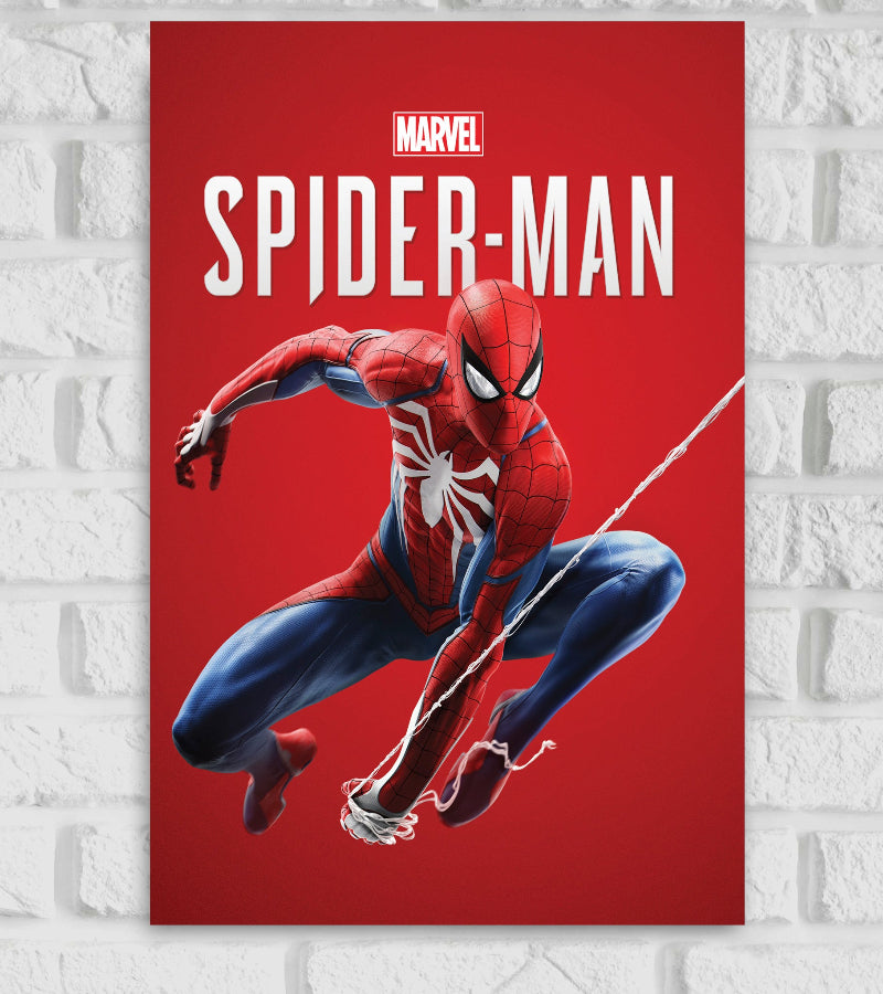 Poster of Marvel's Spider-Man featuring the superhero in a dynamic crouching pose, shooting a web forward. The background is solid red with the Marvel logo and bold white text reading "SPIDER-MAN" at the top Hollywood Movies Avengers