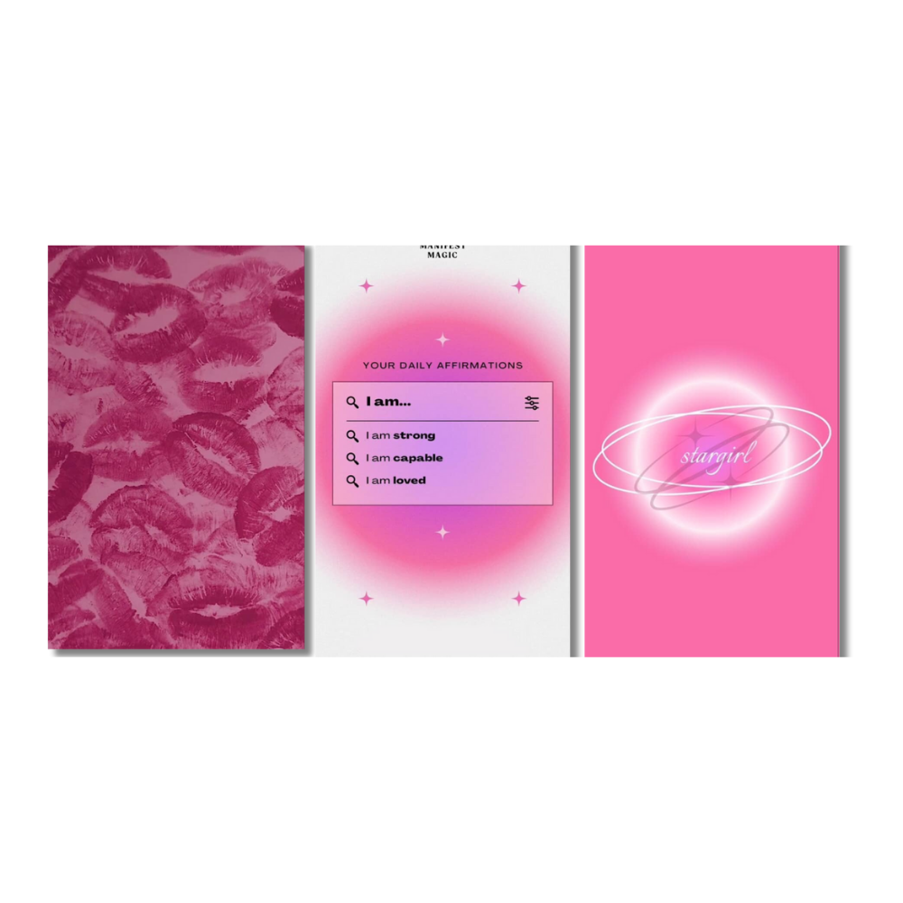Strong Girl Poster Set â 3 Panel Pink Aesthetic Wall Art â âDaily Affirmationsâ, âStargirlâ, and Lip Print Motivational Decor for Girls & Teens, featuring lip prints, âI amâ daily affirmations (I am strong, capable, loved), and glowing âstargirlâ text in modern aesthetic design, strong girl wall art, pink affirmation posters, girl empowerment room decor, aesthetic stargirl print, daily motivation quotes for teens, I am strong poster, capable loved affirmation art, pink kiss print wall decor Posters