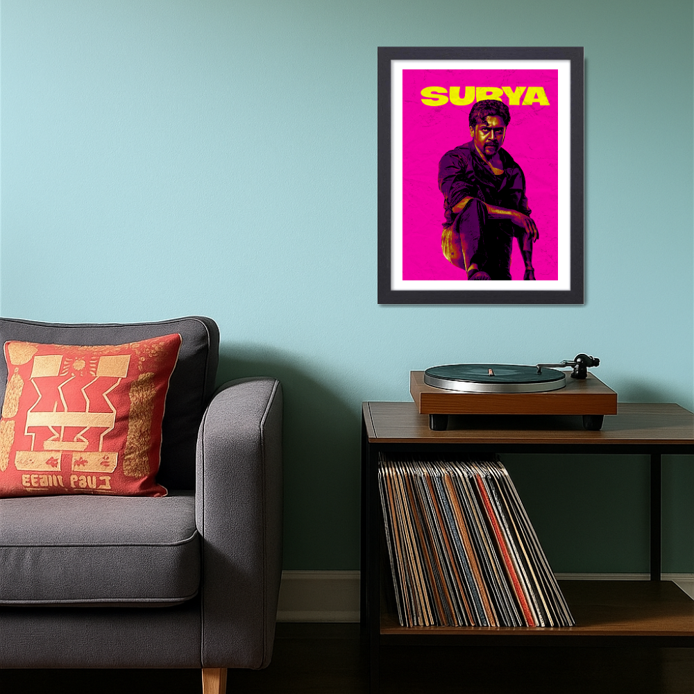 Actor Suriya Frame Poster, Tamil Movie Framed Poster, Tamil Movie Posters, Tamil Actors Posters for wall decor, room decor, Living aera, Dining hall Tamil Cinema wall art