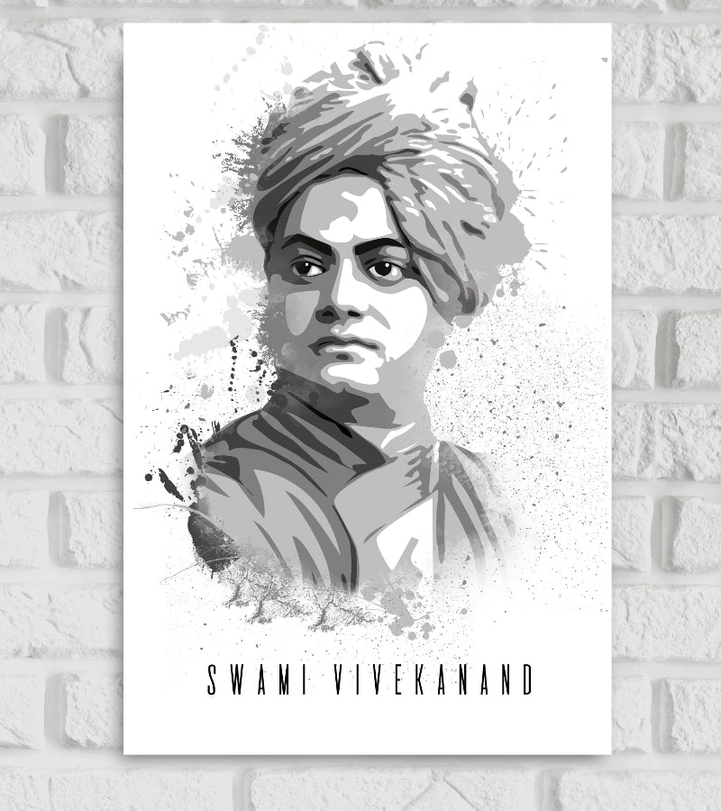 Artistic grayscale poster of Swami Vivekananda with a paint-splatter effect. The portrait shows Swami Vivekananda wearing a traditional robe and turban, rendered in varying shades of gray and black. Below the image, his name "SWAMI VIVEKANAND" is written in a tall, modern, all-caps font.