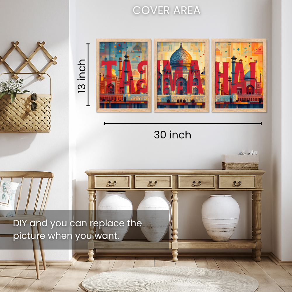 Good Hope Set of 3 Split TajMahal Wall Art Paintings Framed Poster for Home Decoration, Living Room, Bedroom, Kitchen, and Office Wall Decoration Classic Aesthetic