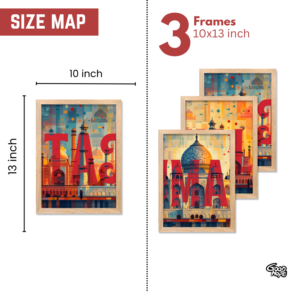Good Hope Set of 3 Split TajMahal Wall Art Paintings Framed Poster for Home Decoration, Living Room, Bedroom, Kitchen, and Office Wall Decoration Classic Aesthetic