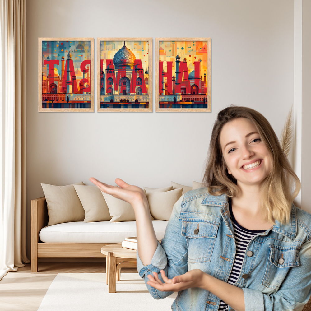 Good Hope Set of 3 Split TajMahal Wall Art Paintings Framed Poster for Home Decoration, Living Room, Bedroom, Kitchen, and Office Wall Decoration Classic Aesthetic