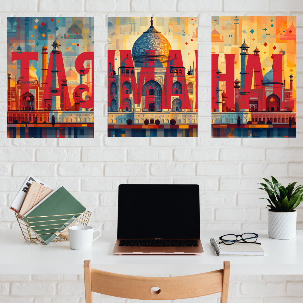 Good Hope Set of 3 Split TajMahal Wall Art Paintings Framed Poster for Home Decoration, Living Room, Bedroom, Kitchen, and Office Wall Decoration Classic Aesthetic