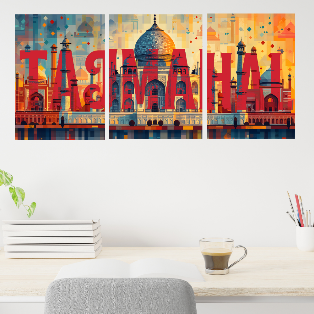 Good Hope Set of 3 Split TajMahal Wall Art Paintings Framed Poster for Home Decoration, Living Room, Bedroom, Kitchen, and Office Wall Decoration Classic Aesthetic