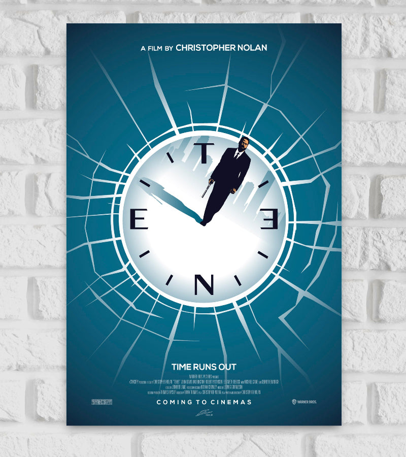Poster for the film "Tenet," directed by Christopher Nolan The design features a large cracked clock face with the word "TENET" arranged around it like clock numbers. A sharply dressed man in a suitholding a gun walks across the clock, casting a long shadow. The clock is set against a blue background with shattered glass radiating outward, symbolizing distortion of time. The tagline "Time Runs Out" is displayed below the clock, along with movie credits and "Coming to Cinemas" text at the bottom Hollywood