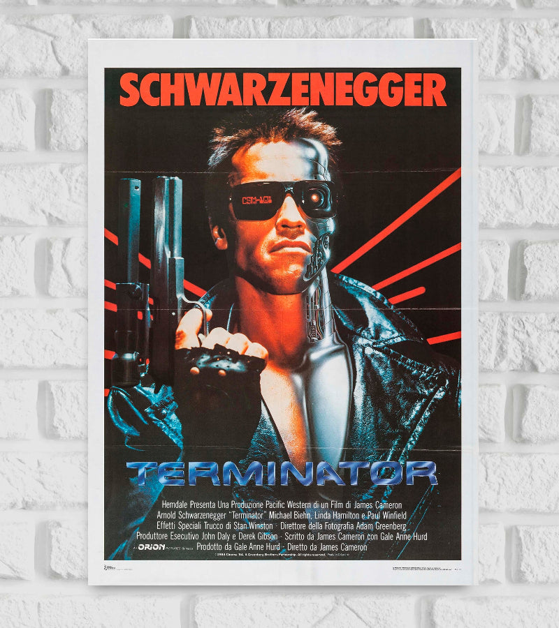 Poster of The Terminator featuring Arnold Schwarzenegger in a black leather jacket and sunglasses, holding a gun. Half of his face is exposed, revealing the metallic endoskeleton underneath. Red laser-like lines radiate in the background, with "SCHWARZENEGGER" in bold red letters at the top and the title “TERMINATOR” in metallic blue at the bottom. The poster has a gritty, futuristic aesthetic typical of 1980s sci-fi action films American media franchise created Hollywood Drama Actor