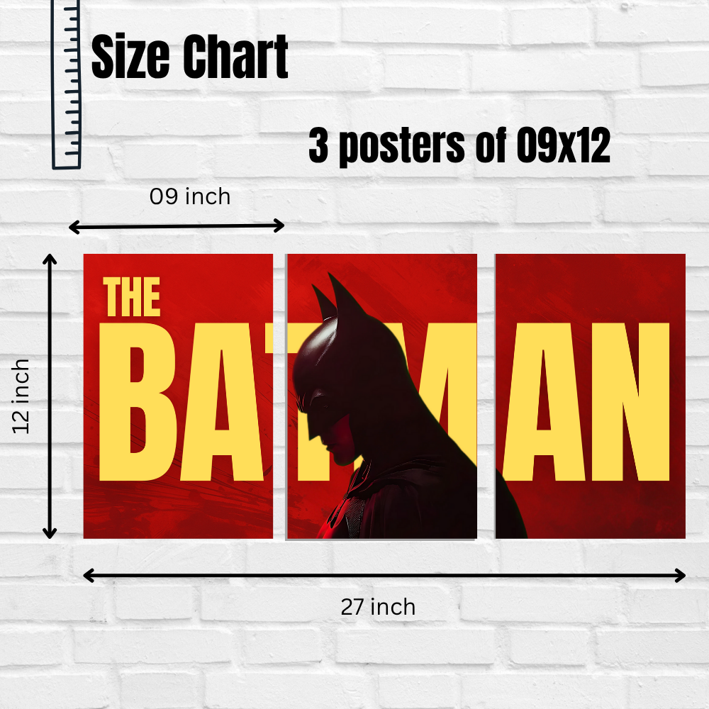 The Batman Poster – 3 Split Poster Wall Art – Dark Red & Yellow Cinematic Artwork